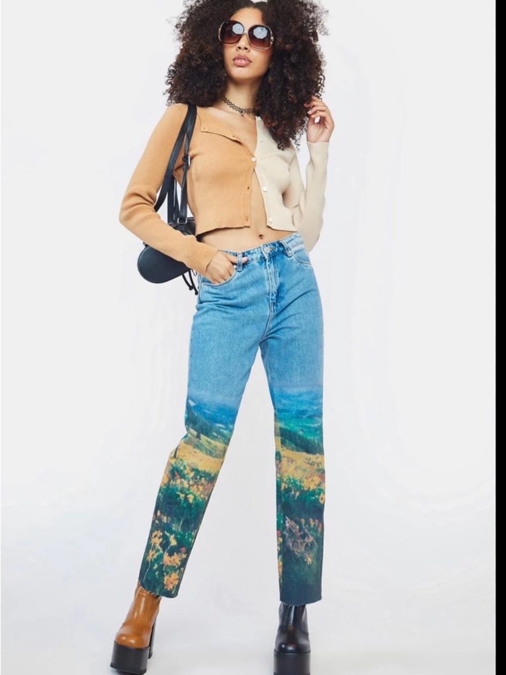 Blank NYC Scenic Print Straight Leg Jeans - Blue with Green & Yellow Landscape